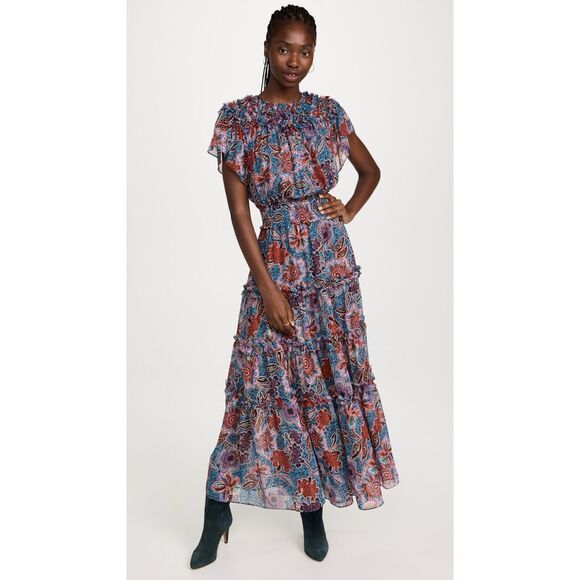 Misa Suki Cerulean Flora Metallic Chiffon Floral Ruffle Midi Dress - Picture 1 of 8